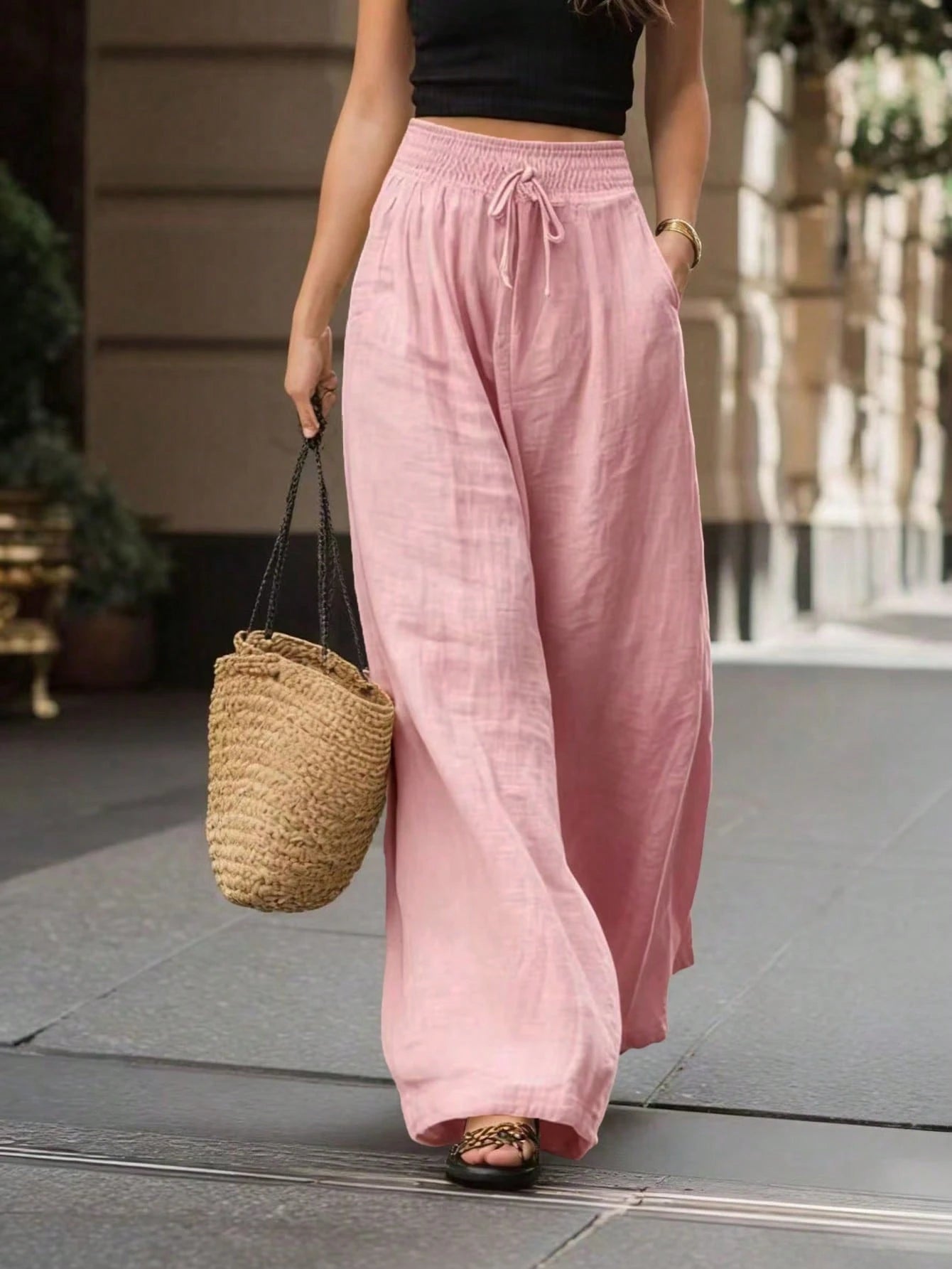 Breezaya French Style High-Waisted Loose Wide Leg Solid Color Women's Long Pants, Elegant Fashionable Summer, Suitable For Spring, Summer, Autumn, Winter, Vacation, Commuting, Daily Wear, Party, Beach