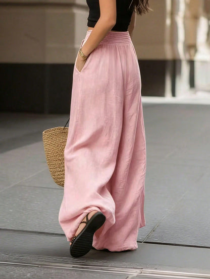Breezaya French Style High-Waisted Loose Wide Leg Solid Color Women's Long Pants, Elegant Fashionable Summer, Suitable For Spring, Summer, Autumn, Winter, Vacation, Commuting, Daily Wear, Party, Beach