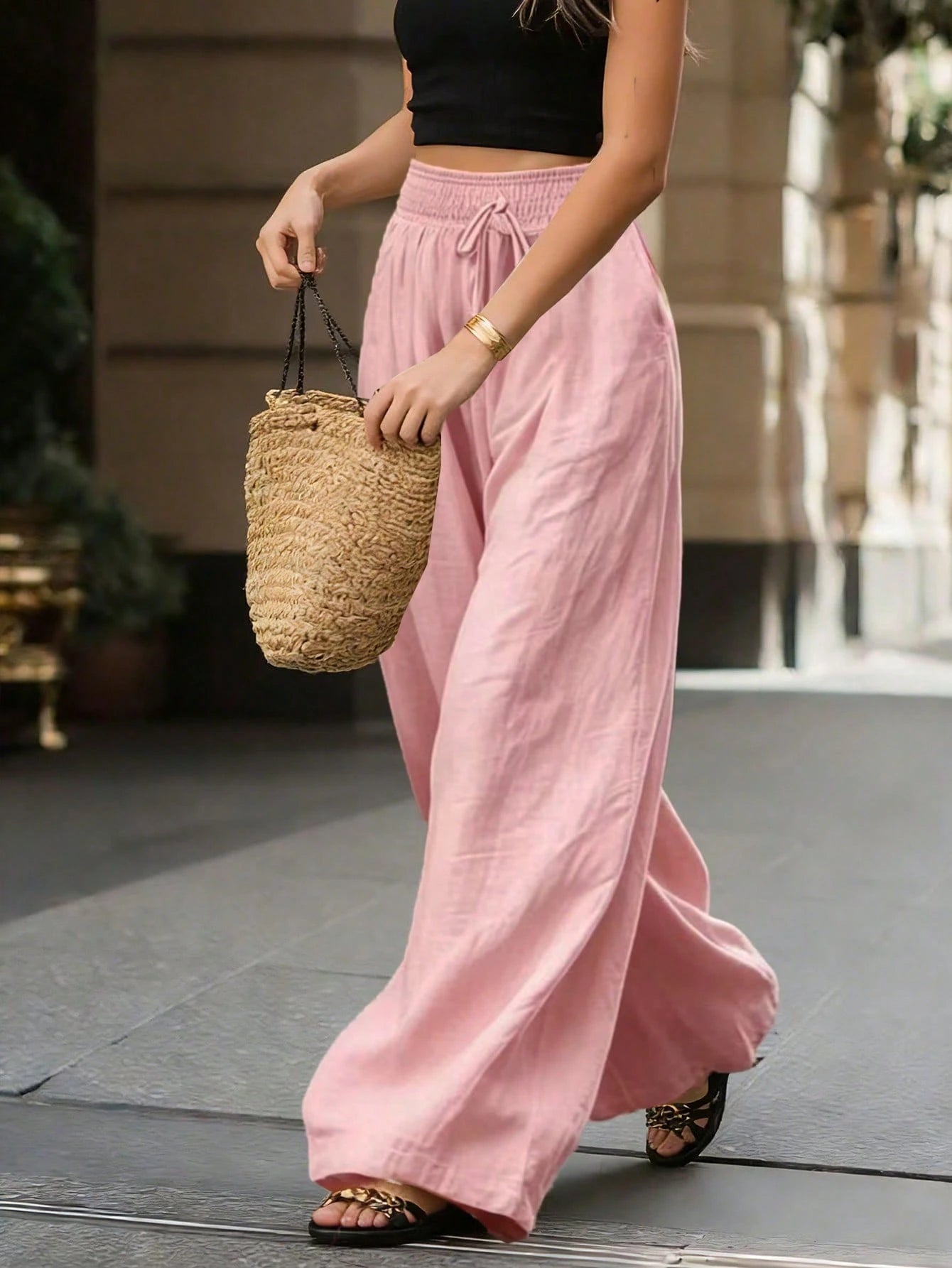 Breezaya French Style High-Waisted Loose Wide Leg Solid Color Women's Long Pants, Elegant Fashionable Summer, Suitable For Spring, Summer, Autumn, Winter, Vacation, Commuting, Daily Wear, Party, Beach