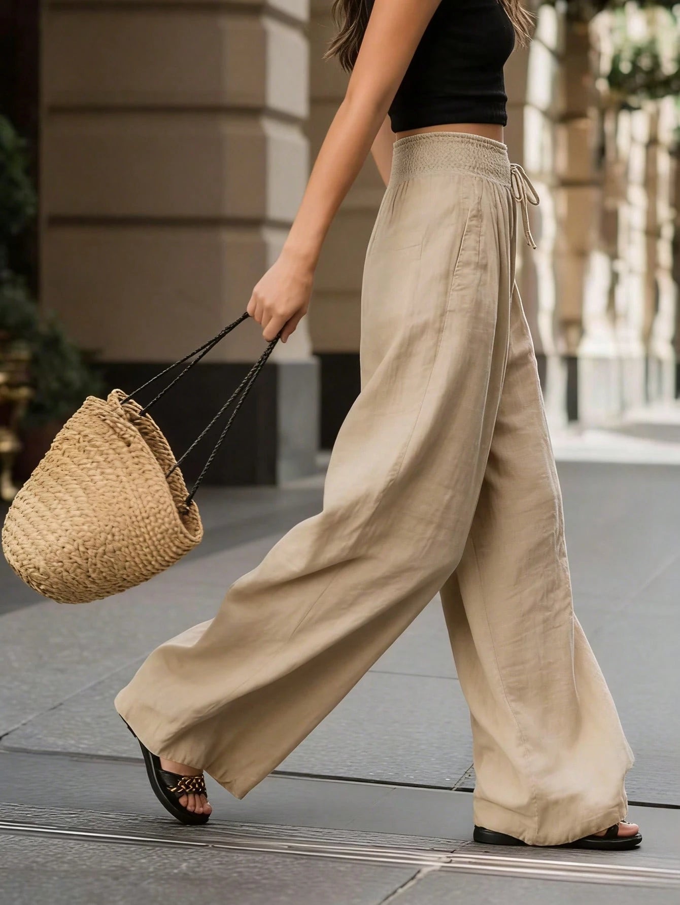 Breezaya French Style High-Waisted Loose Wide Leg Solid Color Women's Long Pants, Elegant Fashionable Summer, Suitable For Spring, Summer, Autumn, Winter, Vacation, Commuting, Daily Wear, Party, Beach