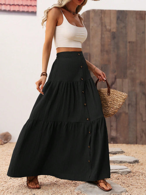 Breezaya Solid Color Front Button Skirt Maxi Vacation Beach Women Fall Cloth For Women