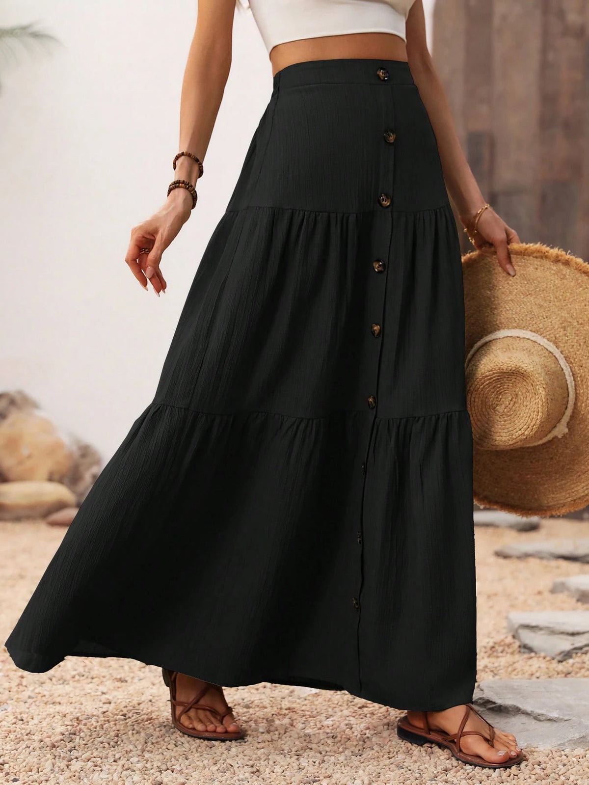 Breezaya Solid Color Front Button Skirt Maxi Vacation Beach Women Fall Cloth For Women
