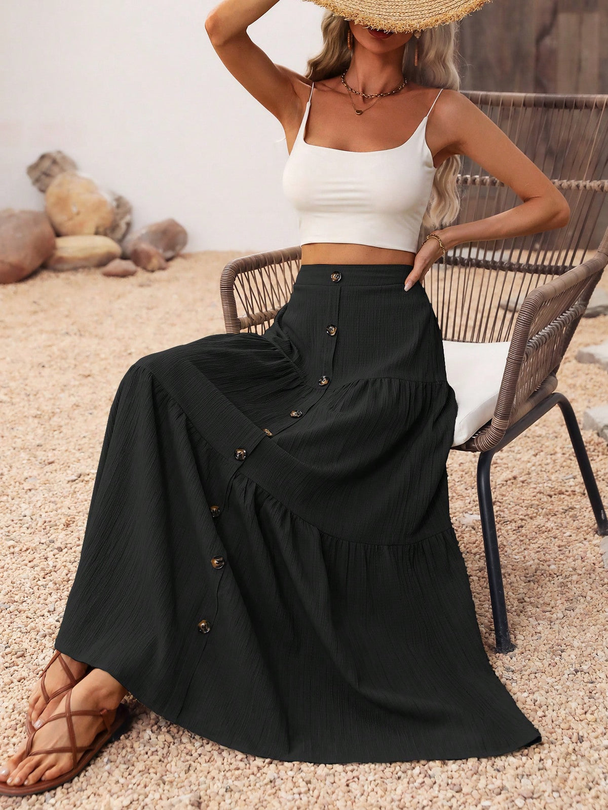 Breezaya Solid Color Front Button Skirt Maxi Vacation Beach Women Fall Cloth For Women