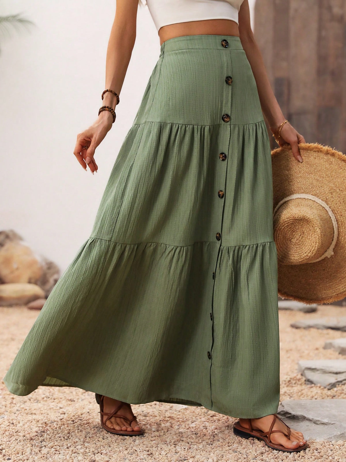 Breezaya Solid Color Front Button Skirt Maxi Vacation Beach Women Fall Cloth For Women