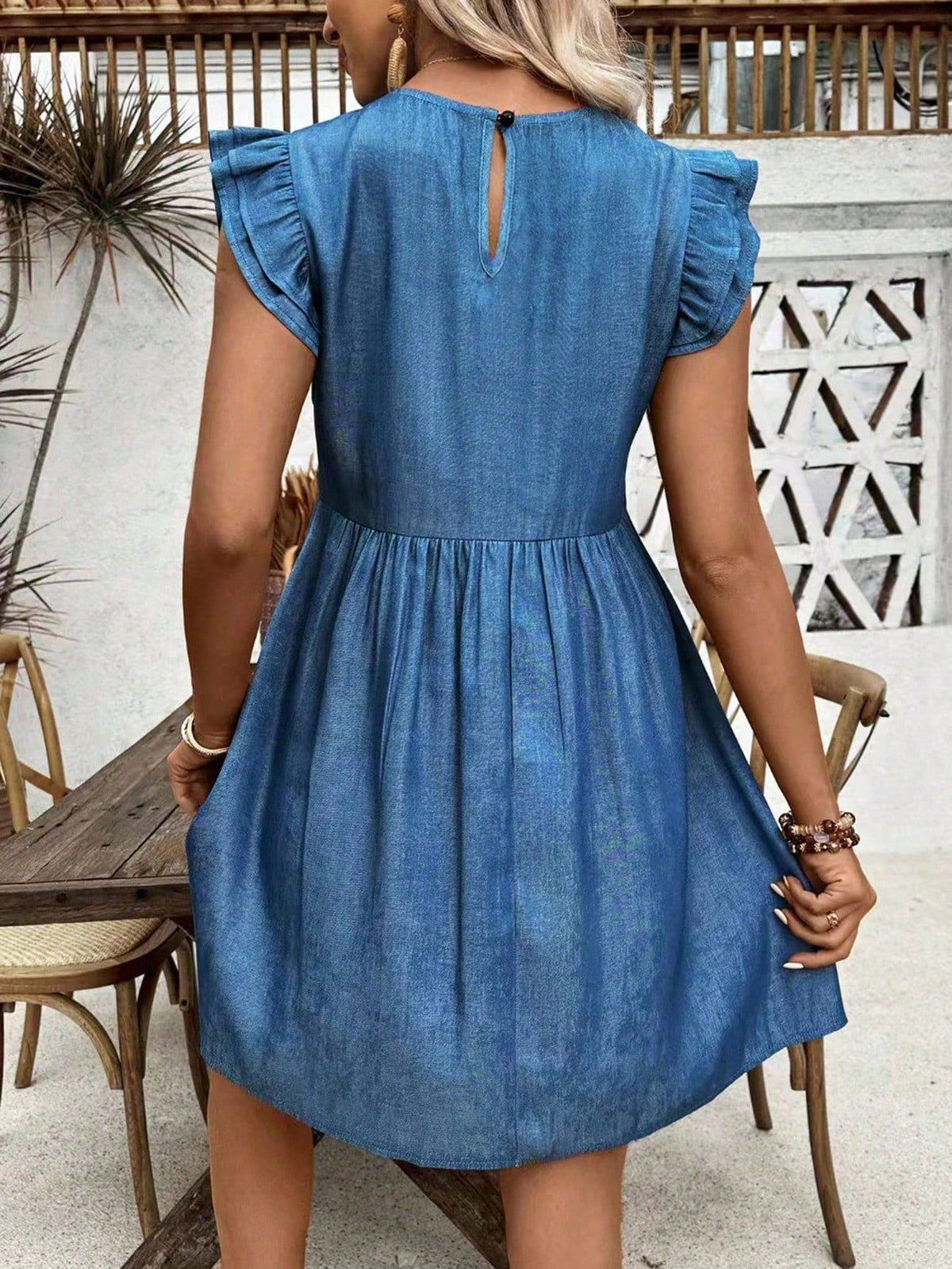 Breezaya Solid Color Ruffled Hem Round Neck Dress Vacation Beach Outfits Women