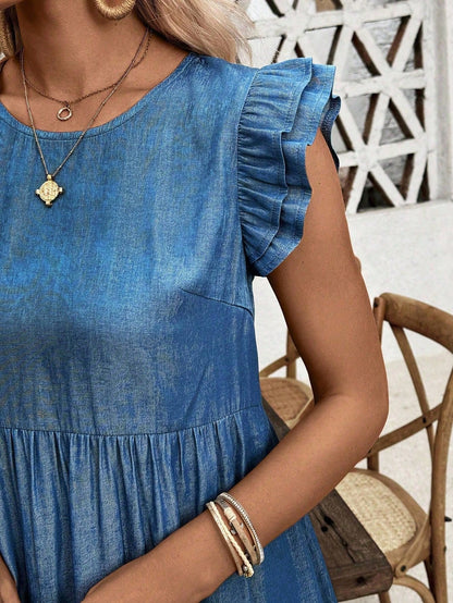 Breezaya Solid Color Ruffled Hem Round Neck Dress Vacation Beach Outfits Women