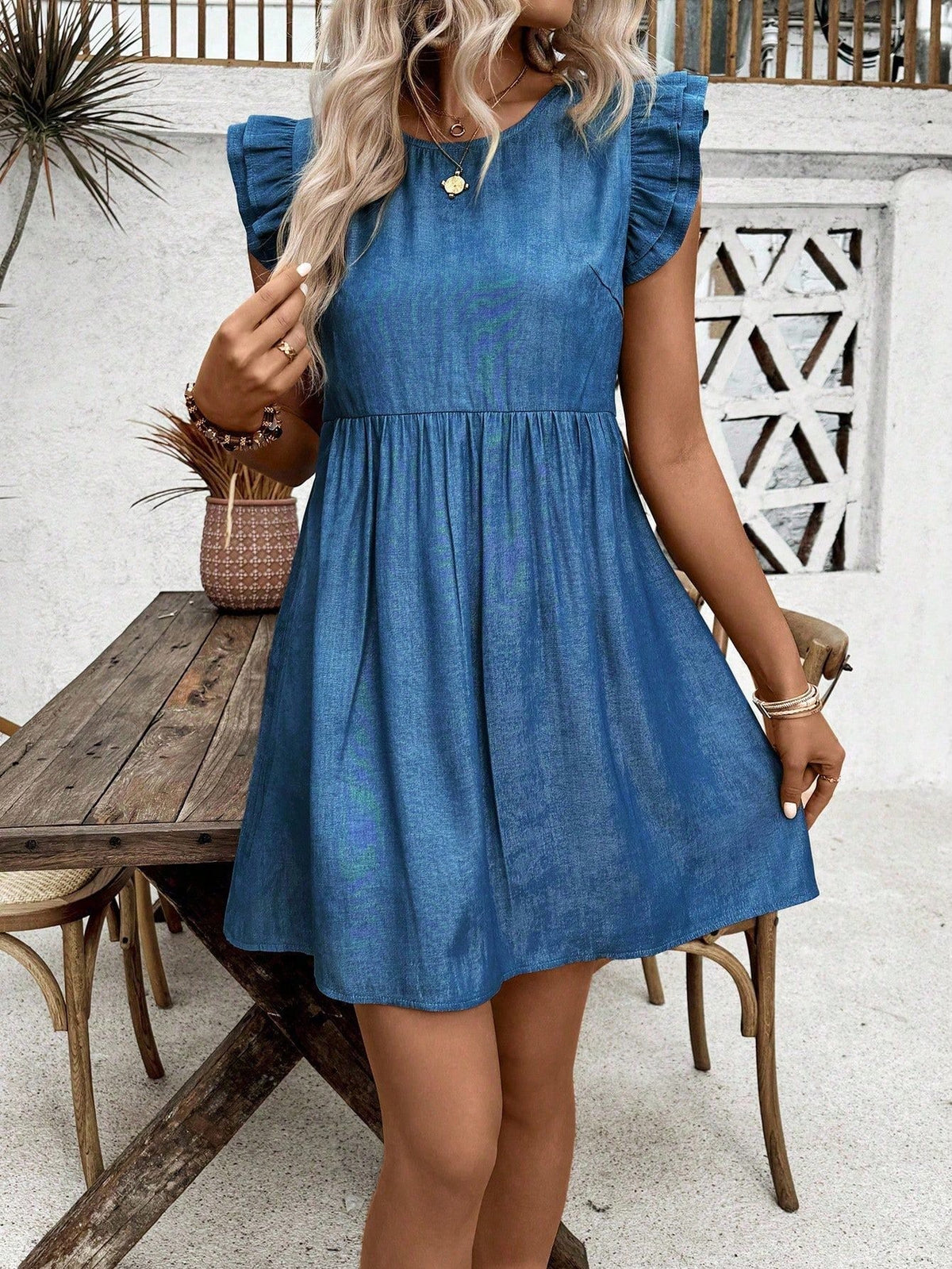 Breezaya Solid Color Ruffled Hem Round Neck Dress Vacation Beach Outfits Women
