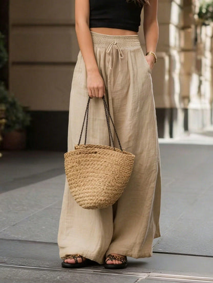 Breezaya Women's Casual Summer Tan Wide-Leg Pants,Elastic Drawstring Wide Waistband Straight-Leg Textured Pants With Pockets,Elegant Vacation Holiday Outfits