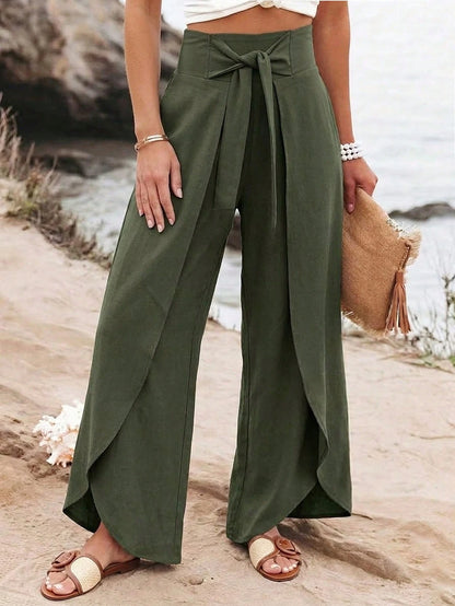 Breezaya Women's Elegant Casual Solid Color Summer Vacation Home Daily Wear Fashion Design Split Wide Leg Pants