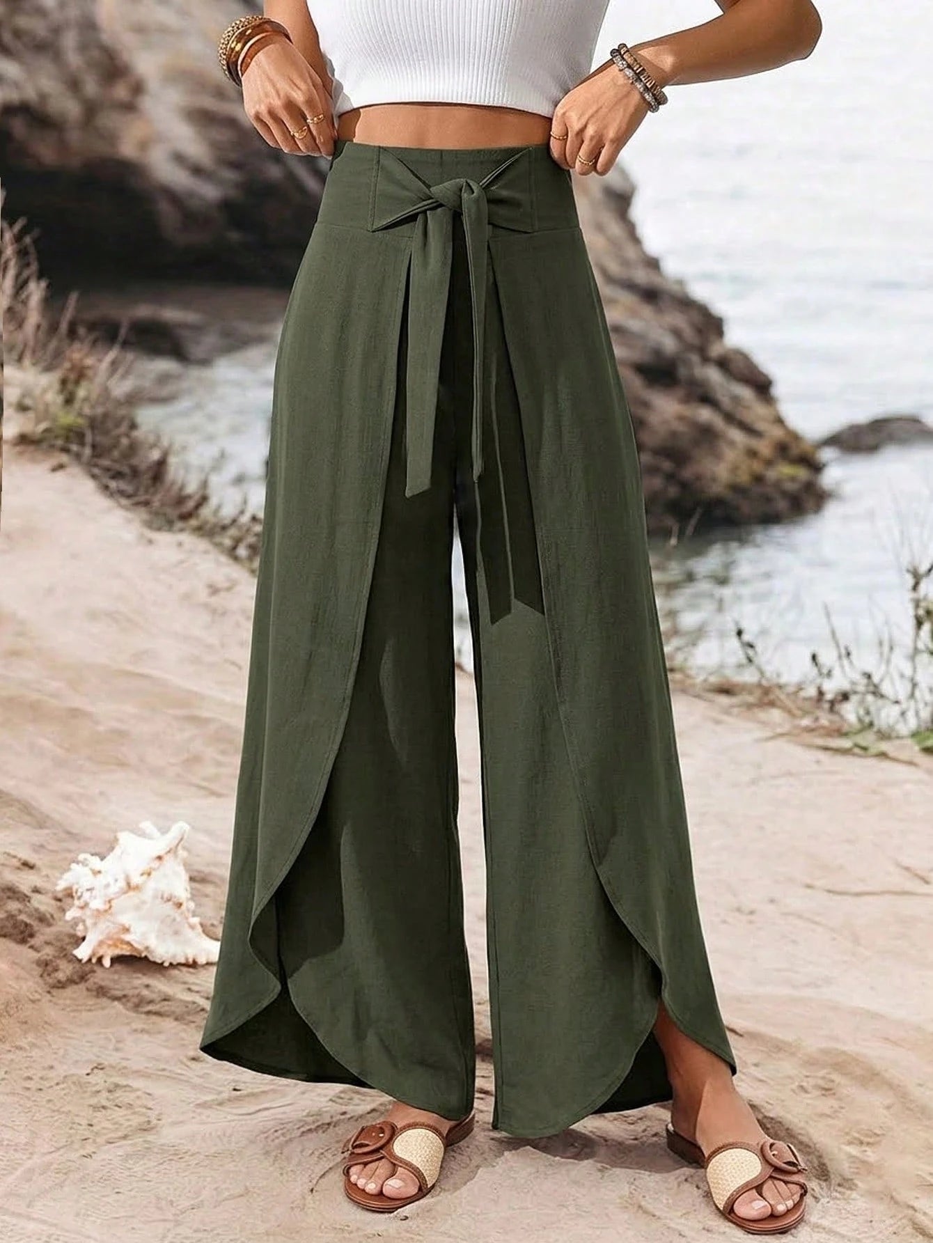 Breezaya Women's Elegant Casual Solid Color Summer Vacation Home Daily Wear Fashion Design Split Wide Leg Pants