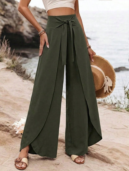 Breezaya Women's Elegant Casual Solid Color Summer Vacation Home Daily Wear Fashion Design Split Wide Leg Pants