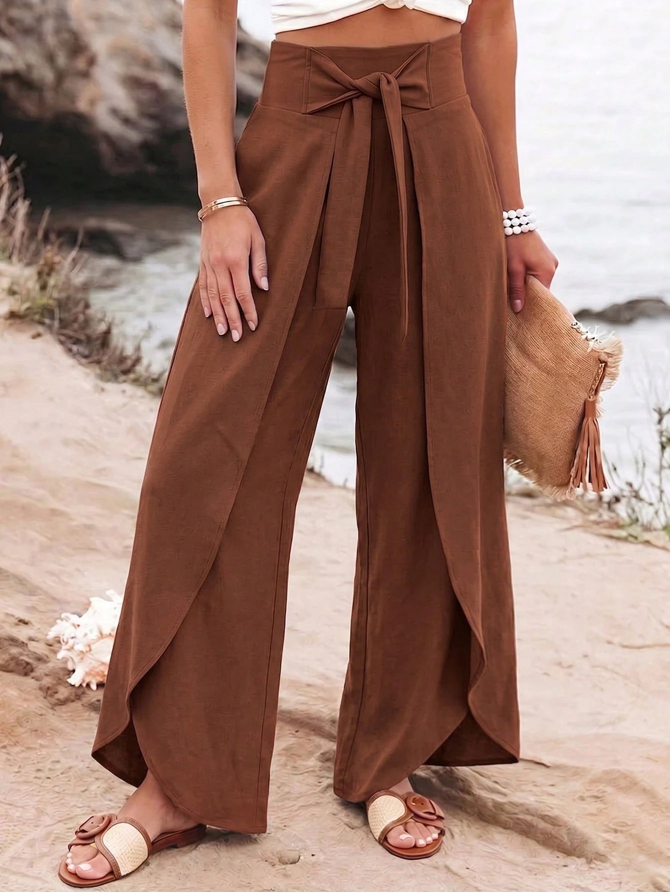 Breezaya Women's Elegant Casual Solid Color Summer Vacation Home Daily Wear Fashion Design Split Wide Leg Pants