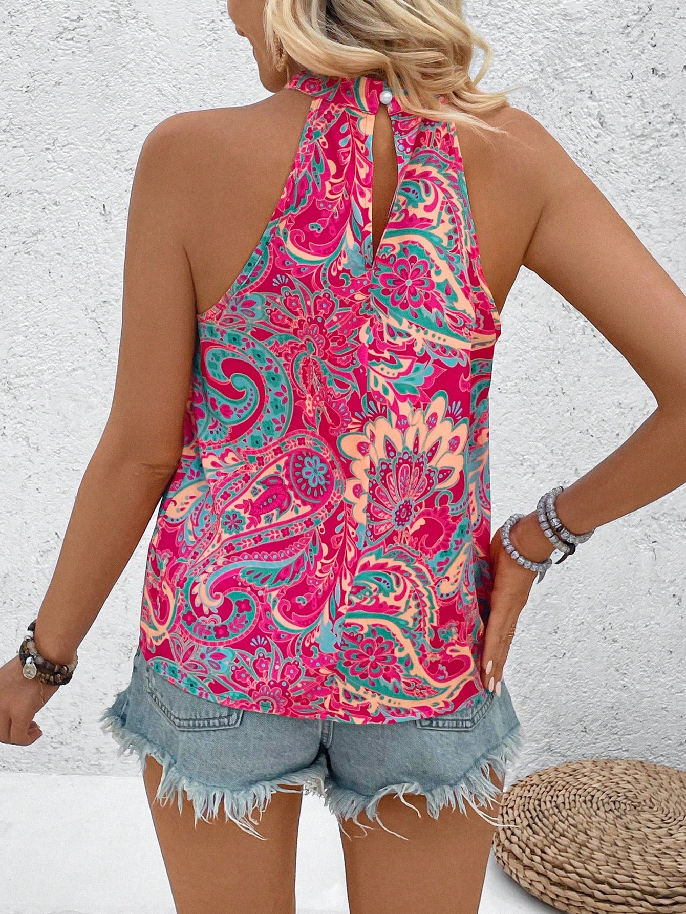 Breezaya Women's Floral Print Pleated Halter Neck Sleeveless Blouse