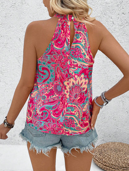 Breezaya Women's Floral Print Pleated Halter Neck Sleeveless Blouse
