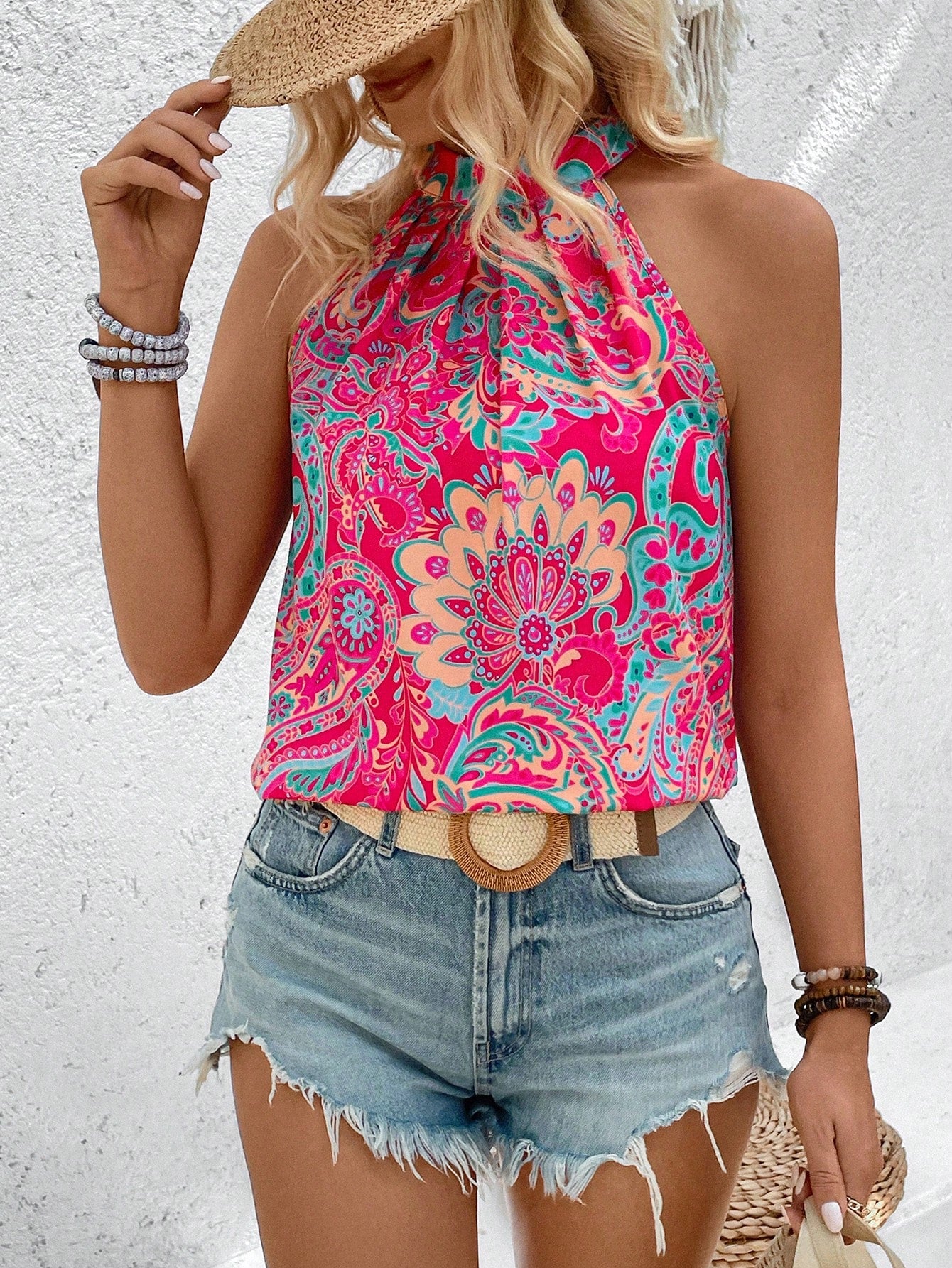 Breezaya Women's Floral Print Pleated Halter Neck Sleeveless Blouse