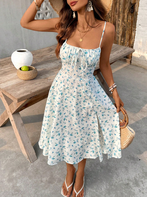 Breezaya Women's Long Ditsy Floral Spaghetti Strap Bodycon Summer Dress, Sexy Open Back Vintage Style Split Hem Dress For Party & Date