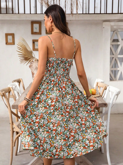 Breezaya Women's Long Ditsy Floral Spaghetti Strap Bodycon Summer Dress, Sexy Open Back Vintage Style Split Hem Dress For Party & Date