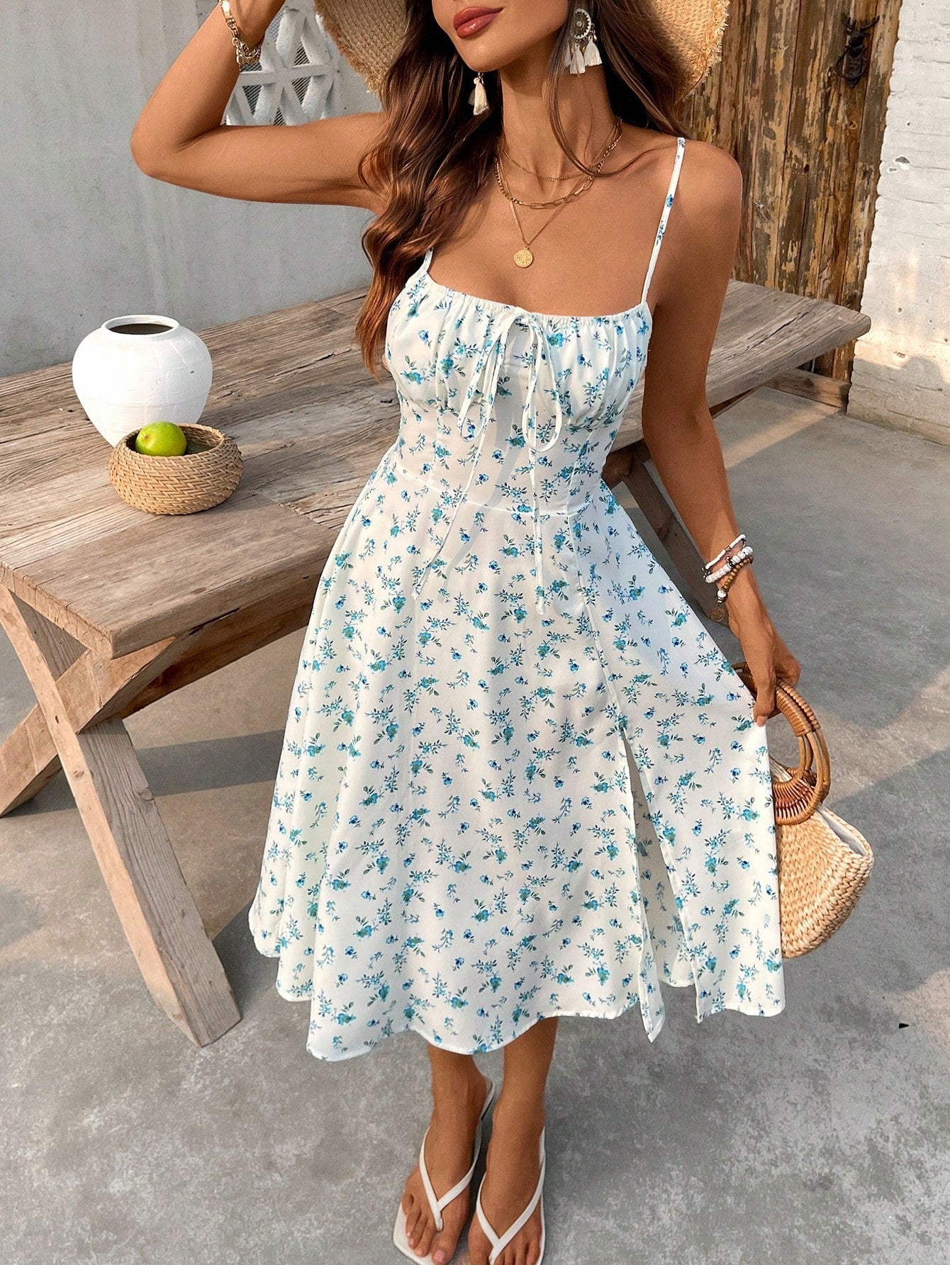 Breezaya Women's Long Ditsy Floral Spaghetti Strap Bodycon Summer Dress, Sexy Open Back Vintage Style Split Hem Dress For Party & Date