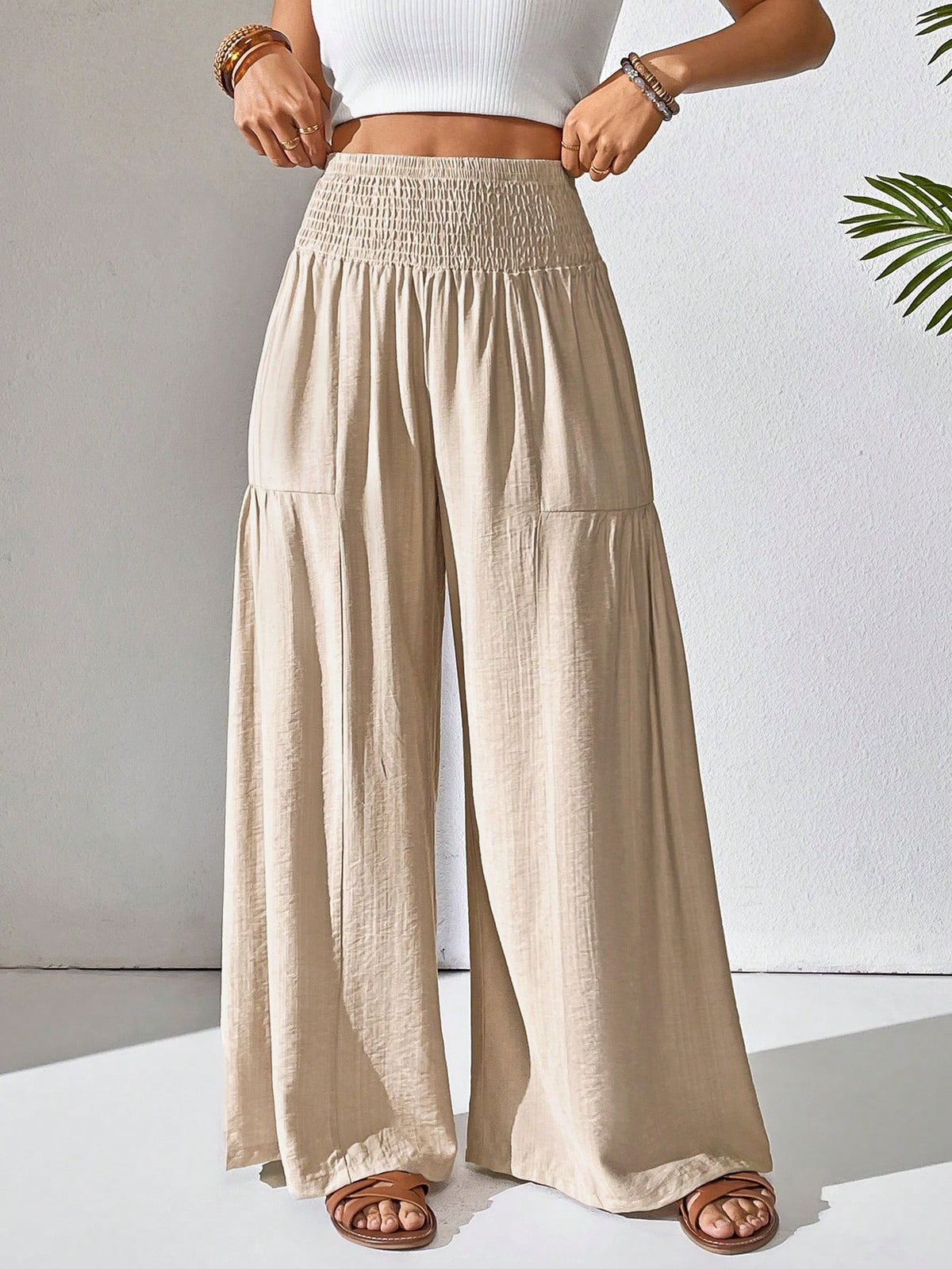 Breezaya Women's Solid Color Drawstring Pocket Simple Casual Wide Leg Loose Pants Fall Cloth For Women