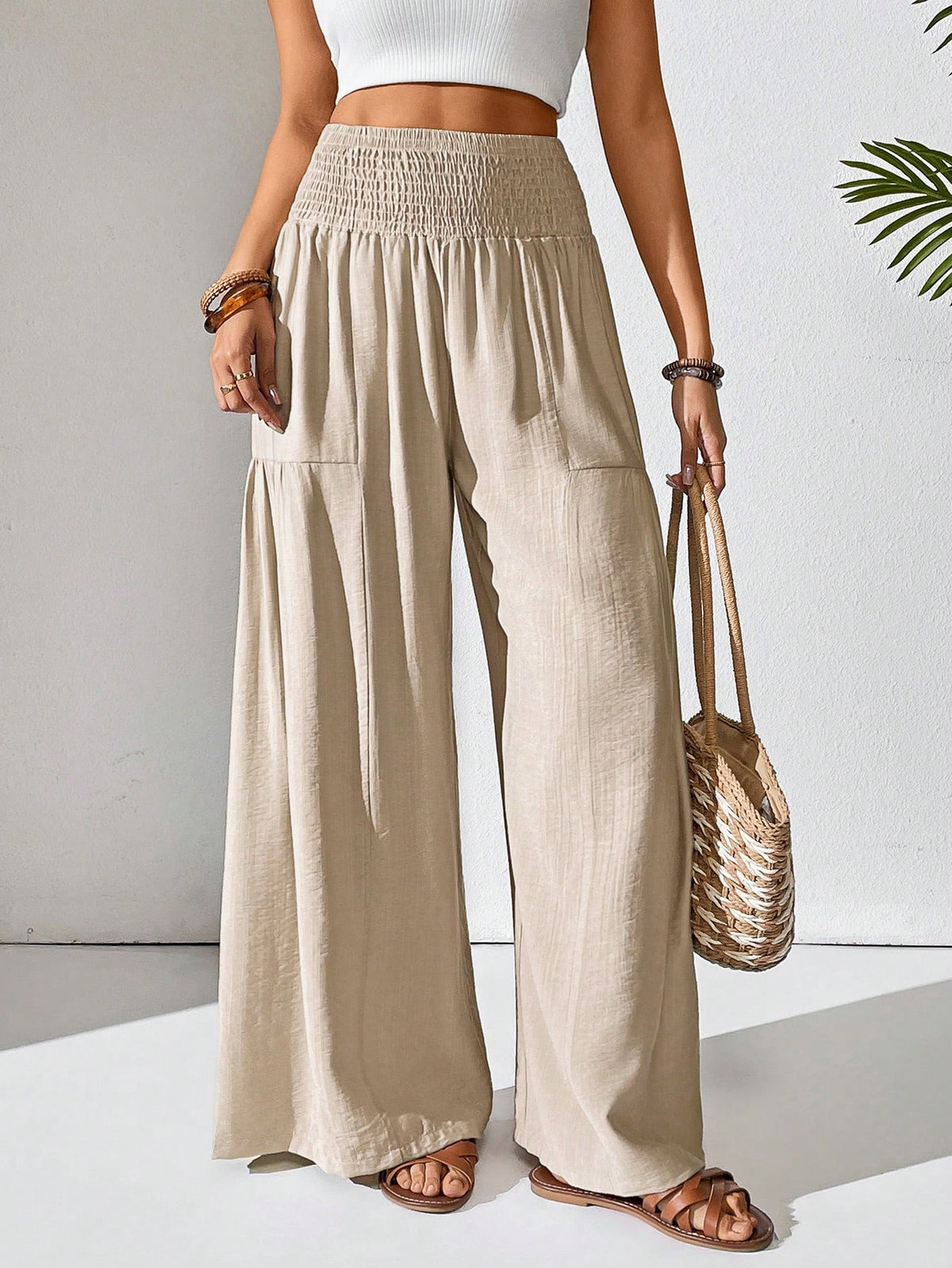 Breezaya Women's Solid Color Drawstring Pocket Simple Casual Wide Leg Loose Pants Fall Cloth For Women