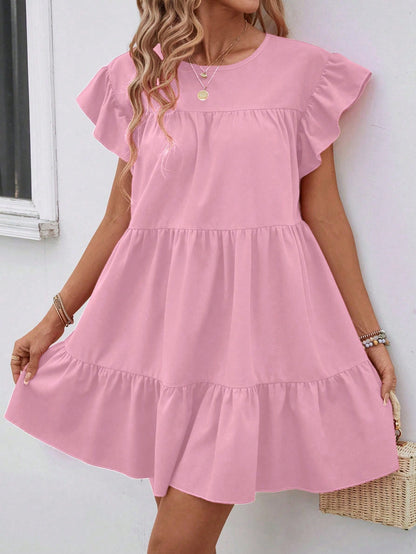 Breezaya Women Summer Solid Color Round Neck Loose Babydoll Dress With Ruffle Trim Vacation Beach Outfit