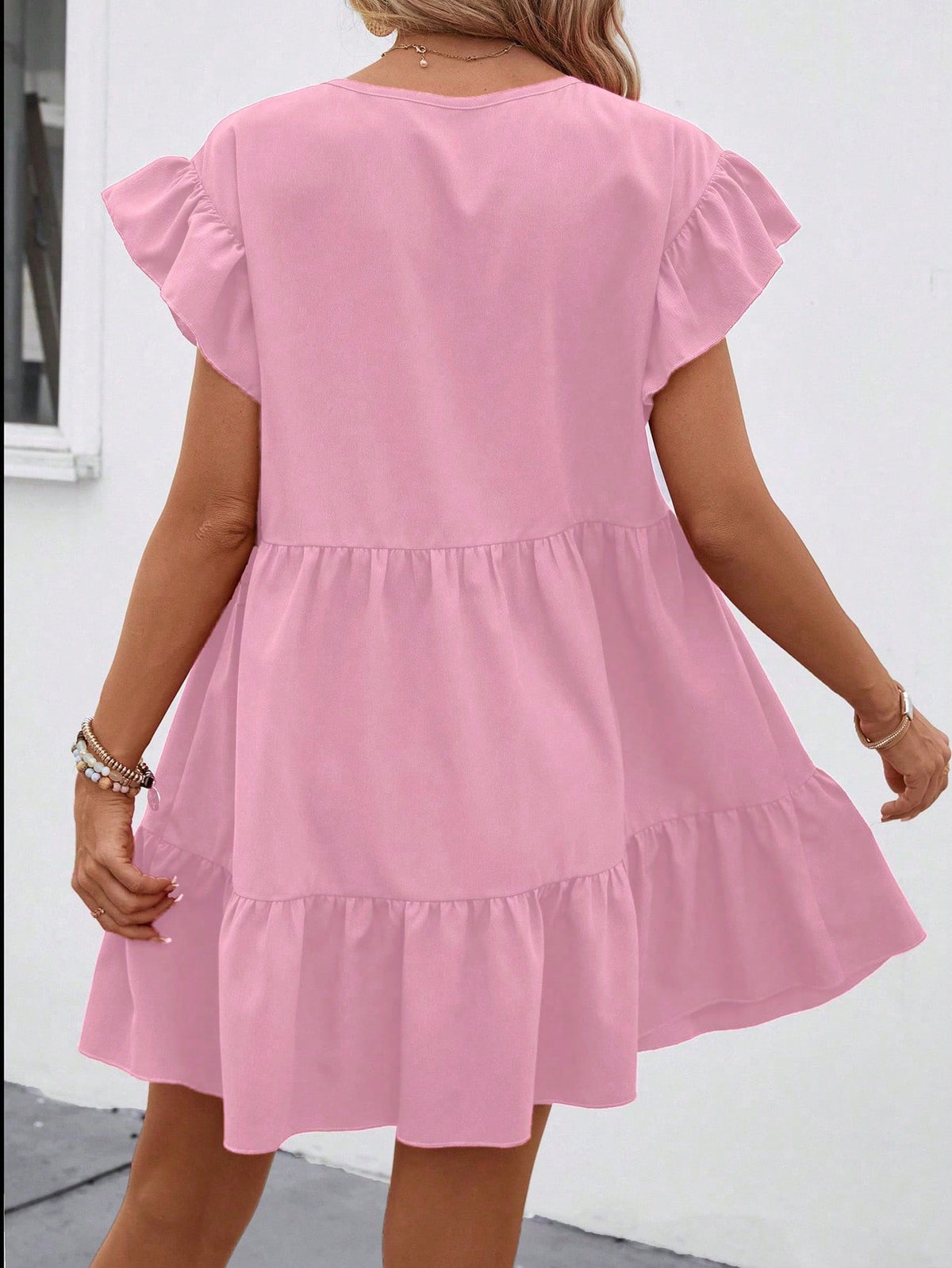 Breezaya Women Summer Solid Color Round Neck Loose Babydoll Dress With Ruffle Trim Vacation Beach Outfit
