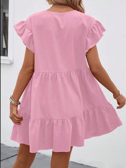 Breezaya Women Summer Solid Color Round Neck Loose Babydoll Dress With Ruffle Trim Vacation Beach Outfit