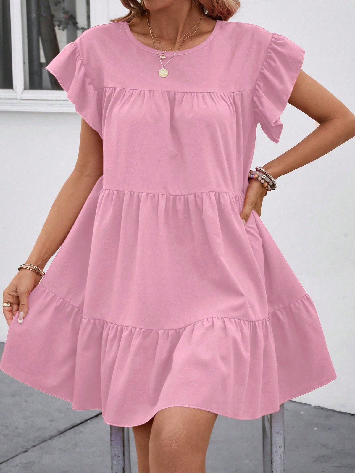 Breezaya Women Summer Solid Color Round Neck Loose Babydoll Dress With Ruffle Trim Vacation Beach Outfit