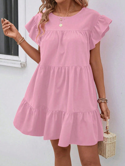 Breezaya Women Summer Solid Color Round Neck Loose Babydoll Dress With Ruffle Trim Vacation Beach Outfit