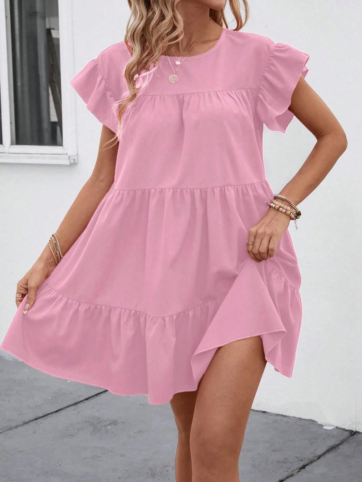Breezaya Women Summer Solid Color Round Neck Loose Babydoll Dress With Ruffle Trim Vacation Beach Outfit