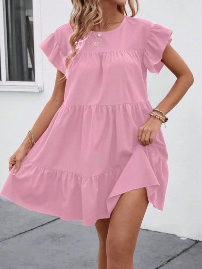 Breezaya Women Summer Solid Color Round Neck Loose Babydoll Dress With Ruffle Trim Vacation Beach Outfit