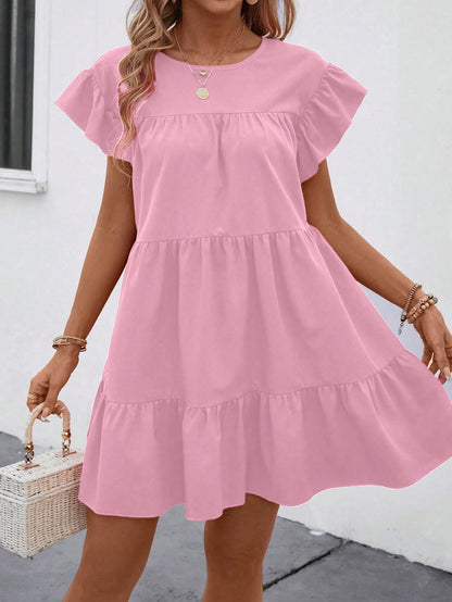 Breezaya Women Summer Solid Color Round Neck Loose Babydoll Dress With Ruffle Trim Vacation Beach Outfit
