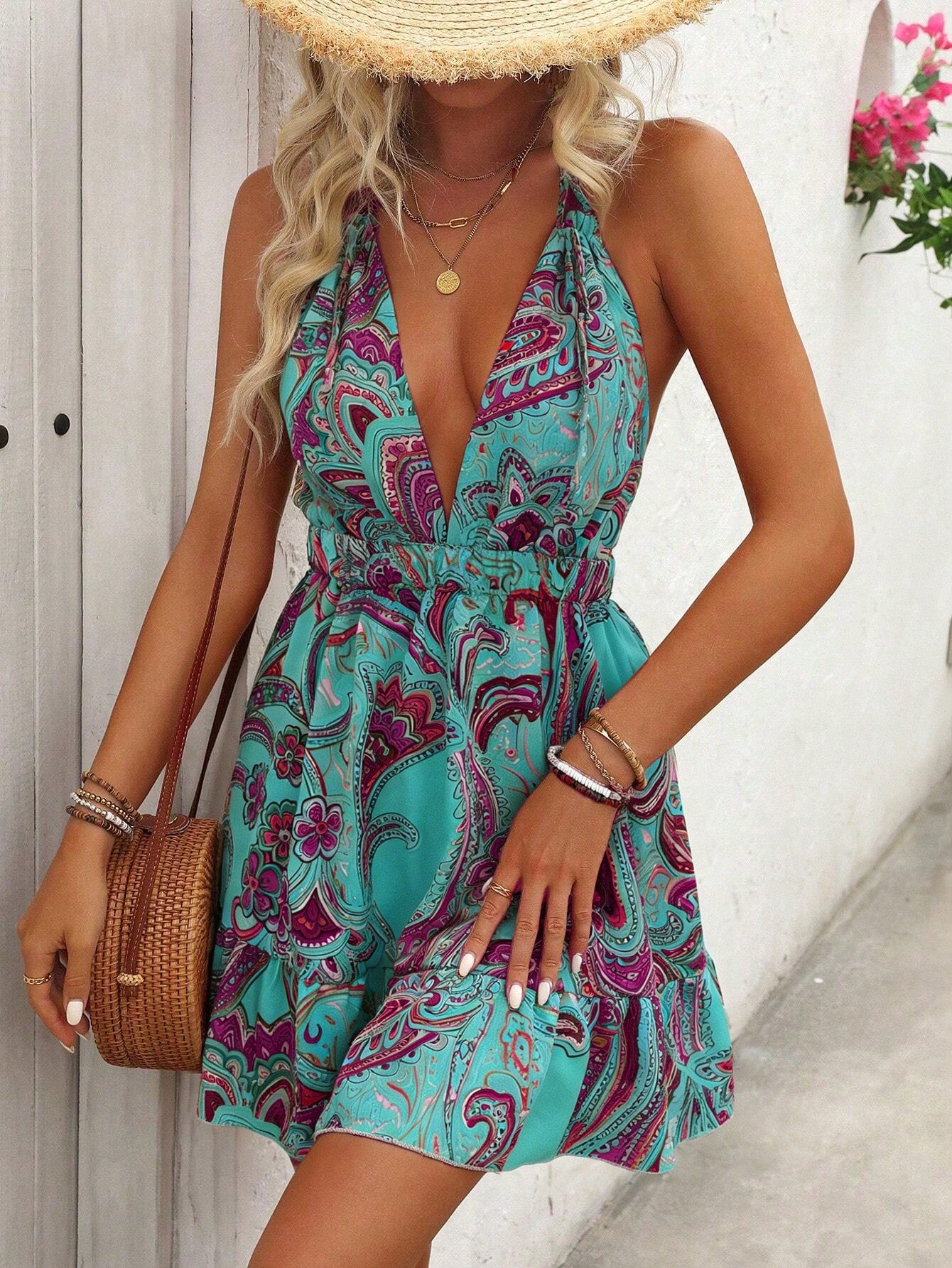 Breezaya Women Teal Paisley Print Halter Neck Backless Summer Boho Holiday Vacation Beach Outfits,Short Sundresses Resort Wear For Women Holiday Vacation