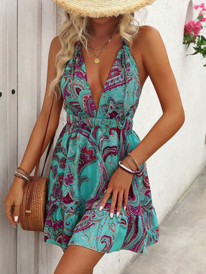 Breezaya Women Teal Paisley Print Halter Neck Backless Summer Boho Holiday Vacation Beach Outfits,Short Sundresses Resort Wear For Women Holiday Vacation