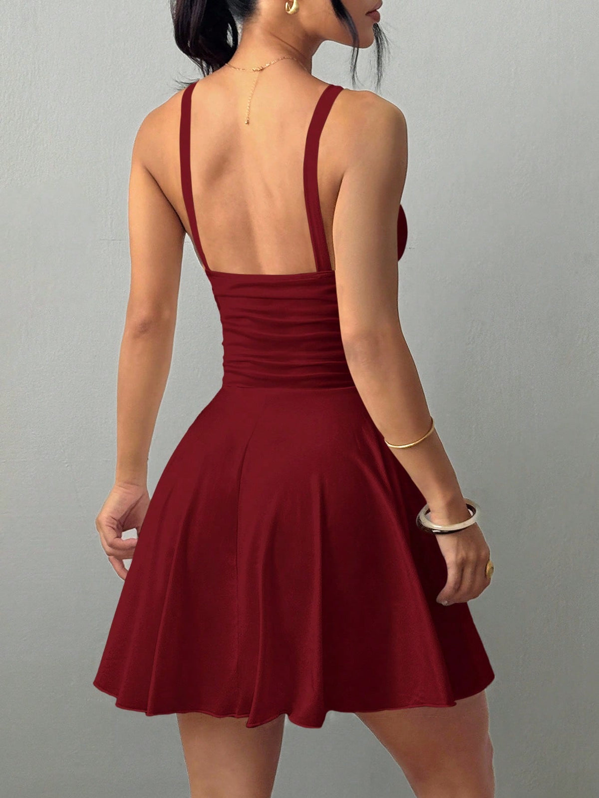 Breezaya Women V-Neck Cinched Waist Ruffles A-Line Sexy Elegant Camisole Short Dress Dark Red Dress Red Mini Dress