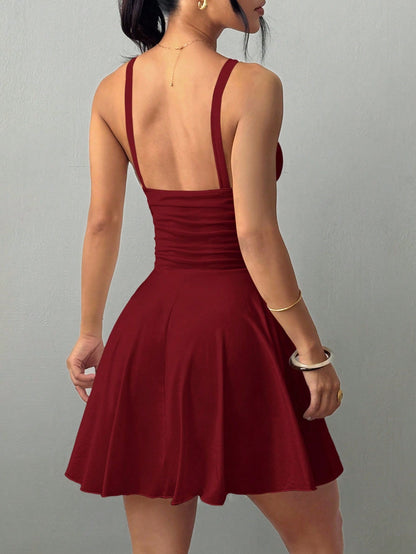 Breezaya Women V-Neck Cinched Waist Ruffles A-Line Sexy Elegant Camisole Short Dress Dark Red Dress Red Mini Dress