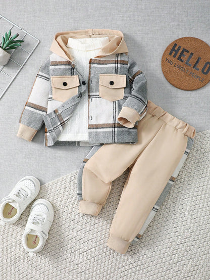 BrownBark 2pcs/Set Baby Boy Spring/Autumn Plaid Casual Outdoor Outfit, Casual Plaid Pocket Hooded Long Sleeve Shirt + Cuffed Long Pants, Versatile Daily Wear Long Sleeve Set For Baby Boys And Toddlers