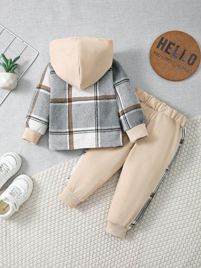 BrownBark 2pcs/Set Baby Boy Spring/Autumn Plaid Casual Outdoor Outfit, Casual Plaid Pocket Hooded Long Sleeve Shirt + Cuffed Long Pants, Versatile Daily Wear Long Sleeve Set For Baby Boys And Toddlers