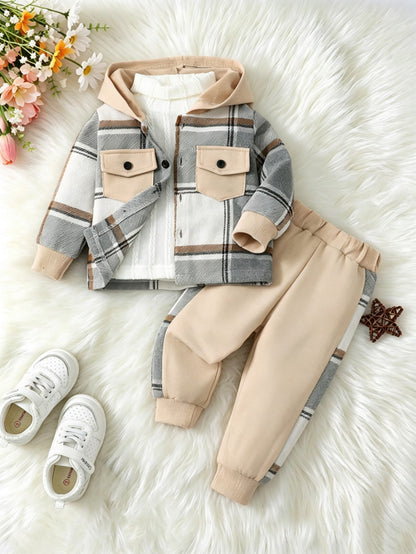 BrownBark 2pcs/Set Baby Boy Spring/Autumn Plaid Casual Outdoor Outfit, Casual Plaid Pocket Hooded Long Sleeve Shirt + Cuffed Long Pants, Versatile Daily Wear Long Sleeve Set For Baby Boys And Toddlers