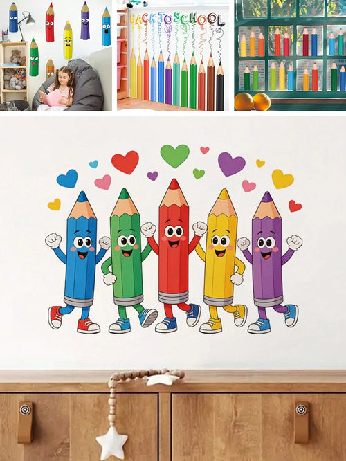 BRUP 1/3sheets Cute Colorful Pencil Wall Decals, Cartoon Pencil With Heart Stickers, Removable Kids Room Classroom Decor For Back To School Learning Corner
