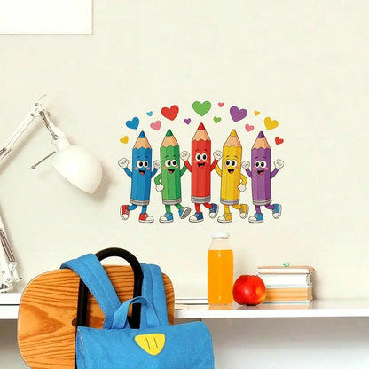 BRUP 1/3sheets Cute Colorful Pencil Wall Decals, Cartoon Pencil With Heart Stickers, Removable Kids Room Classroom Decor For Back To School Learning Corner