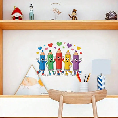 BRUP 1/3sheets Cute Colorful Pencil Wall Decals, Cartoon Pencil With Heart Stickers, Removable Kids Room Classroom Decor For Back To School Learning Corner