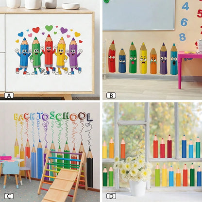 BRUP 1/3sheets Cute Colorful Pencil Wall Decals, Cartoon Pencil With Heart Stickers, Removable Kids Room Classroom Decor For Back To School Learning Corner