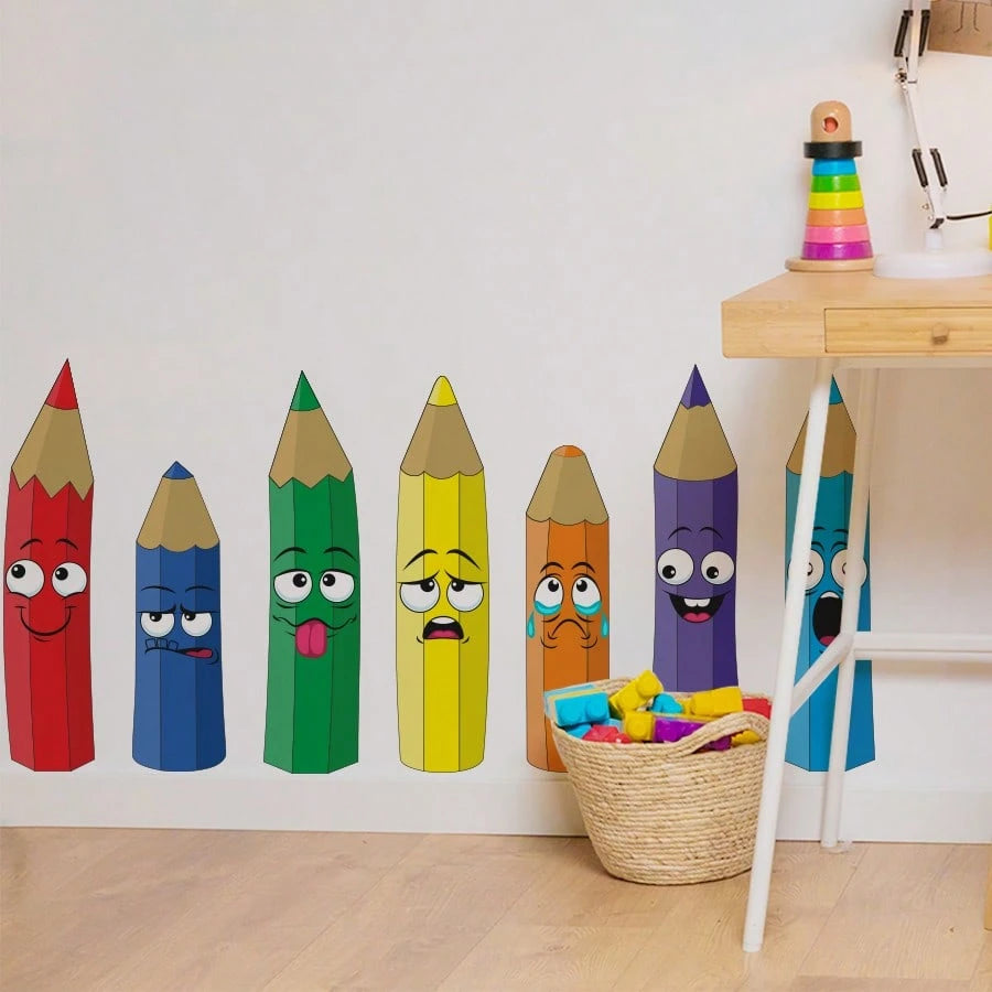 BRUP 1/3sheets Cute Colorful Pencil Wall Decals, Cartoon Pencil With Heart Stickers, Removable Kids Room Classroom Decor For Back To School Learning Corner