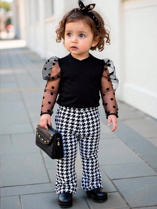 Bubblio 2pcs Baby Girl Cute Knit Panel Polka Dot Mesh Top And Houndstooth Flare Pants Set, Autumn/Winter