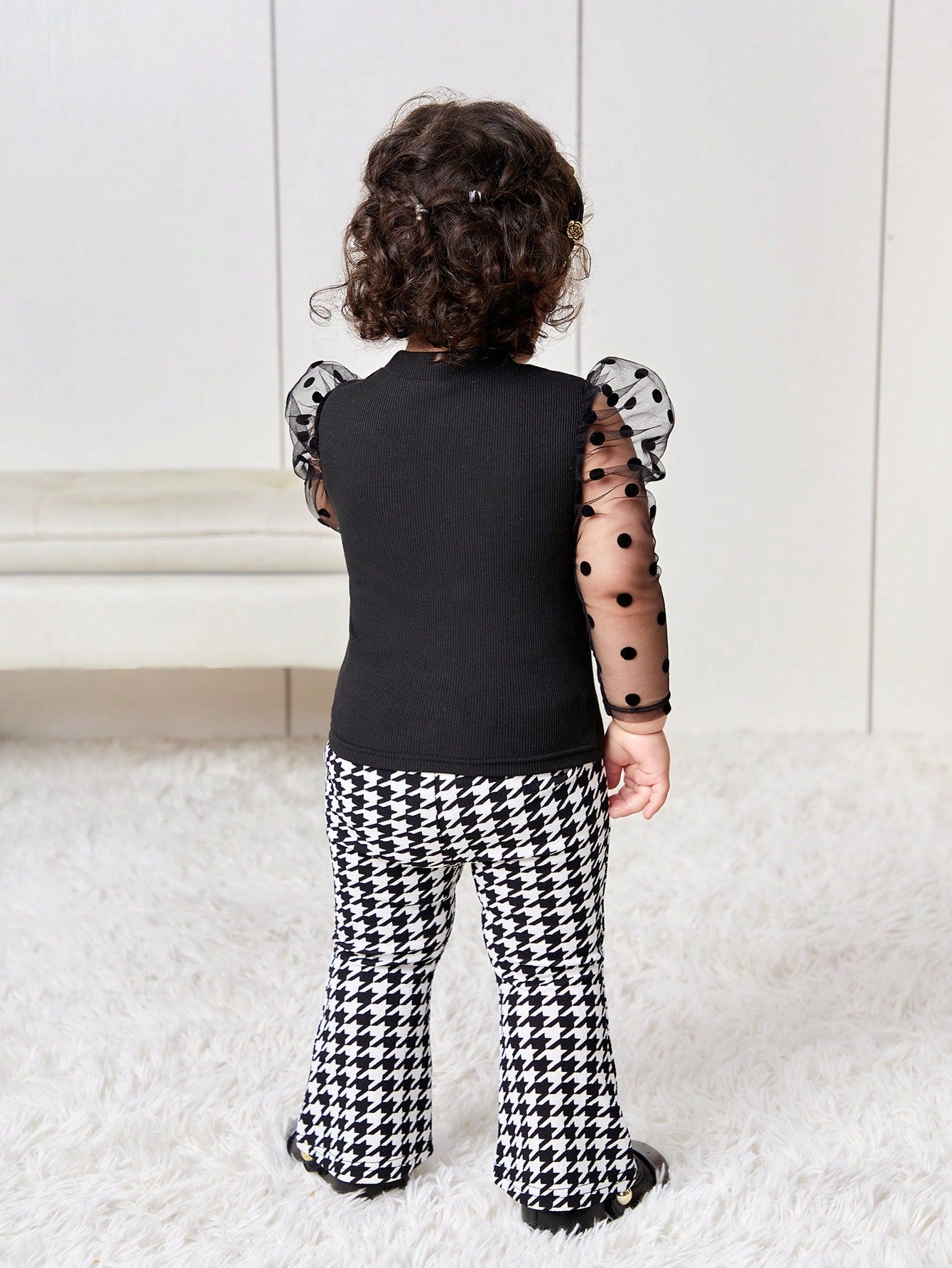Bubblio 2pcs Baby Girl Cute Knit Panel Polka Dot Mesh Top And Houndstooth Flare Pants Set, Autumn/Winter