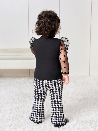 Bubblio 2pcs Baby Girl Cute Knit Panel Polka Dot Mesh Top And Houndstooth Flare Pants Set, Autumn/Winter