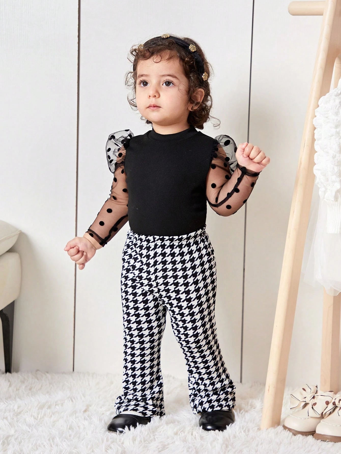 Bubblio 2pcs Baby Girl Cute Knit Panel Polka Dot Mesh Top And Houndstooth Flare Pants Set, Autumn/Winter