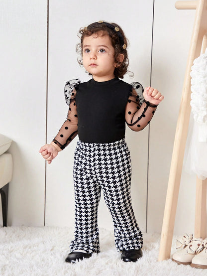 Bubblio 2pcs Baby Girl Cute Knit Panel Polka Dot Mesh Top And Houndstooth Flare Pants Set, Autumn/Winter
