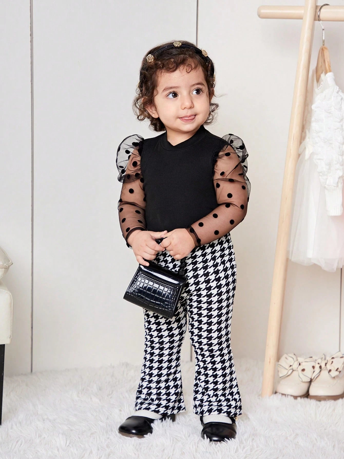 Bubblio 2pcs Baby Girl Cute Knit Panel Polka Dot Mesh Top And Houndstooth Flare Pants Set, Autumn/Winter
